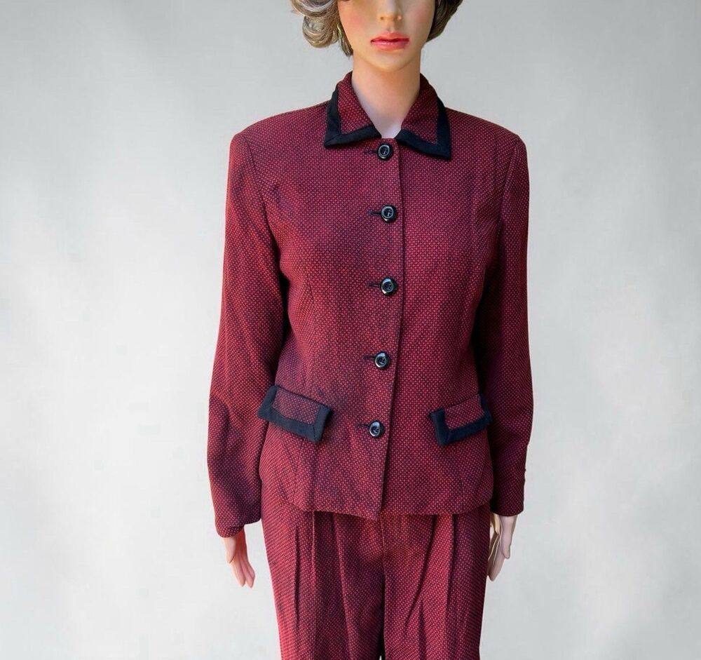 Vintage 90s Woven Wool Pants Suit Blended Wool Red Blazer Pleated Trousers 6